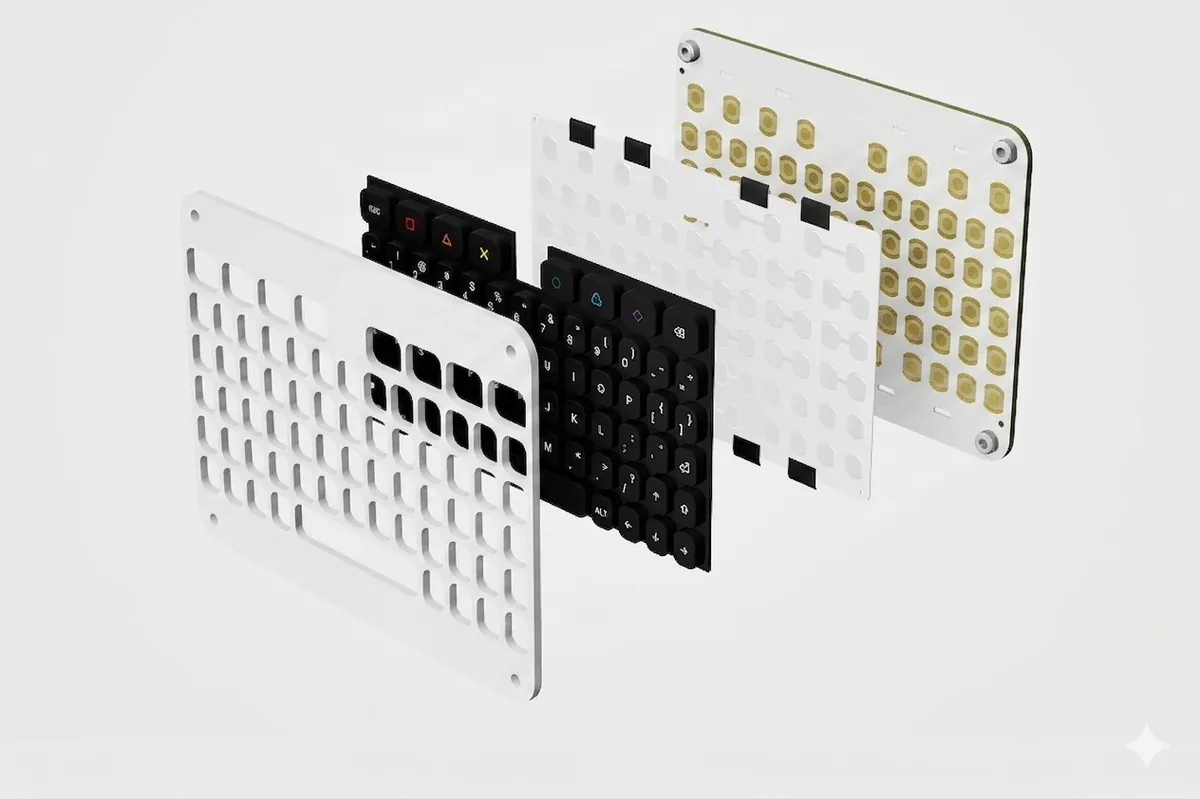 HausDeck shown as exploded layers — silicone keypad, snap-dome sheet and PCB